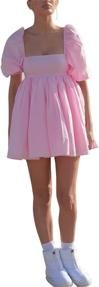 Womens Puff Sleeve Tulle Dress Princess Mini Dress Square Neck Bubble Sleeve Mesh Ruffle Dress fo... | Amazon (US)