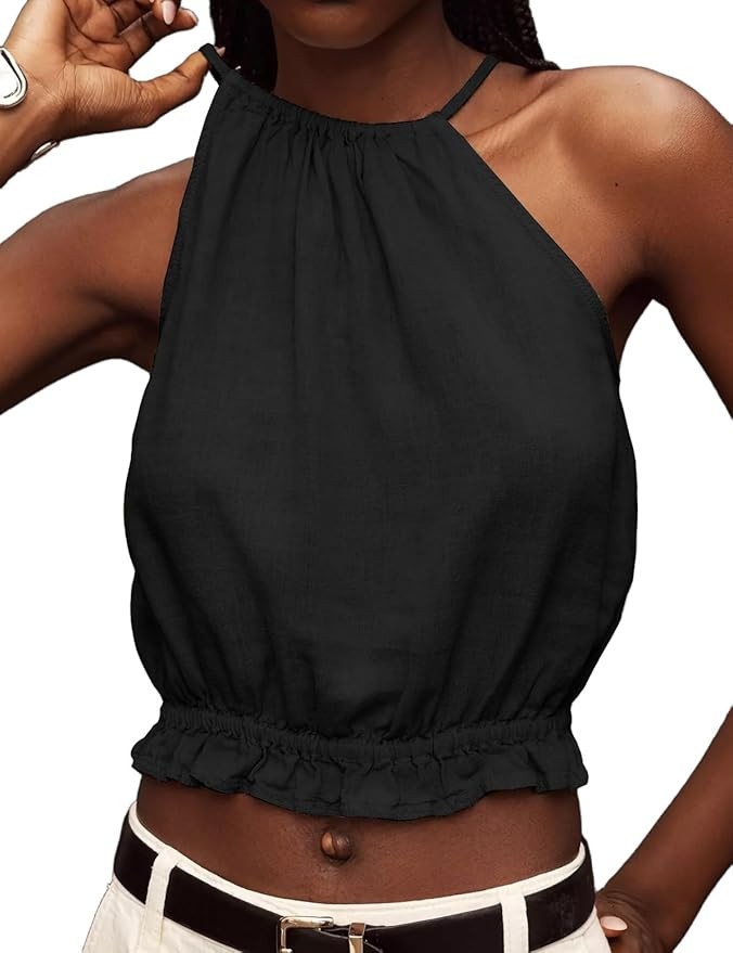 IDEALSANXUN Womens Crop Linen Halter Tops Summer High Neck Tank Tops Sleeveless Shirts | Amazon (US)