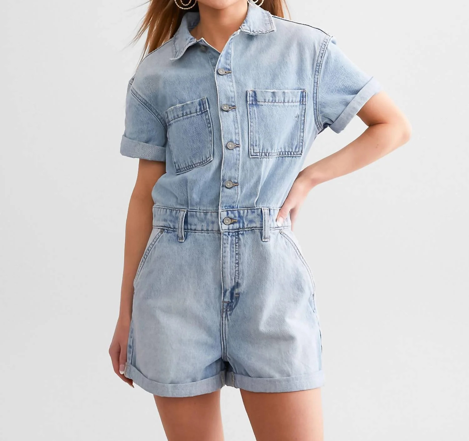 Dylan Denim Romper In Medium Light | Shop Simon