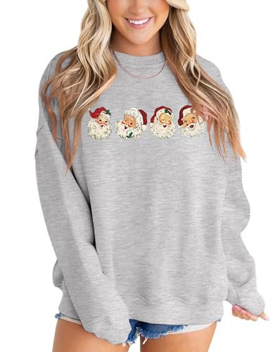 MAPICK Vintage Christmas Sweater Retro Santa Claus Sweatshirts Oversized Fleece Linend Crewneck Cute Clothes Tops(Light Grey1,Large) | Amazon (US)