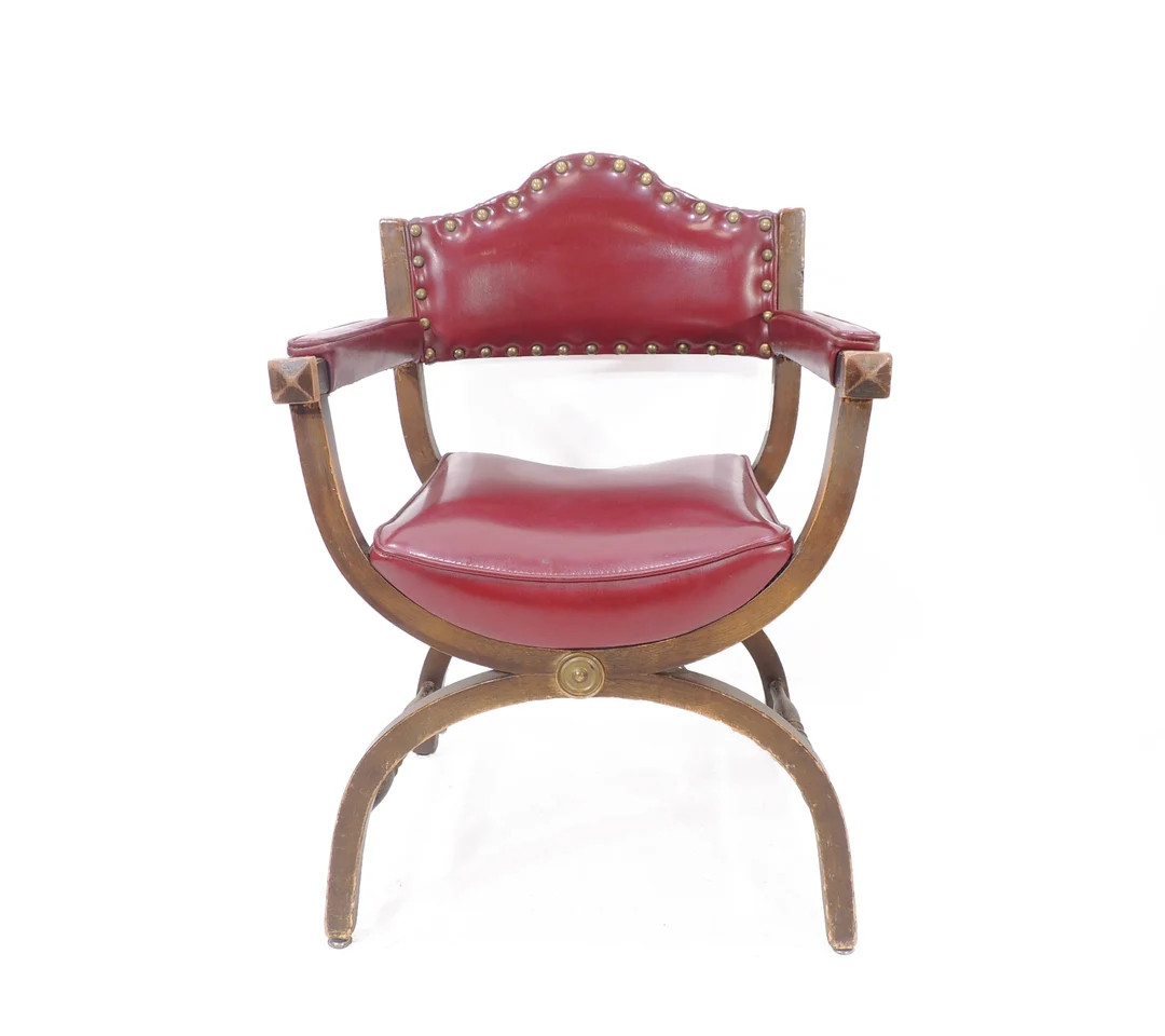 Vintage Red Vinyl Solid Wood Hall X-frame Armchair Deco Era - Etsy | Etsy (US)