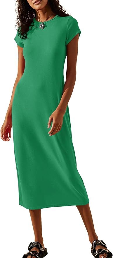 Wenrine Womens Short Sleeve T-Shirt Dress Summer Crew Neck Stretchy Basic Solid Casual Midi Dress... | Amazon (US)