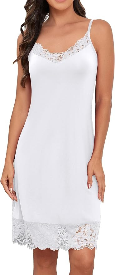 Women’s Satin Slip Dress - Adjustable Lace Cami Nightgown, Midi Length | Amazon (US)