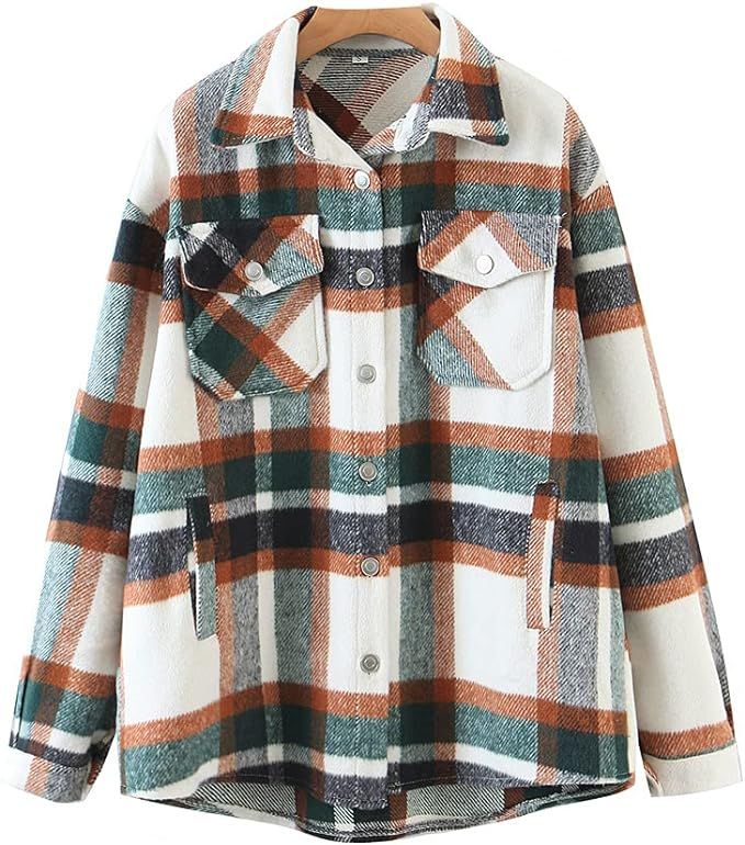 Womens Casual Flannel Wool Blend Plaid Lapel Button Down Long Sleeve Shacket Jacket Coat Winter L... | Amazon (US)