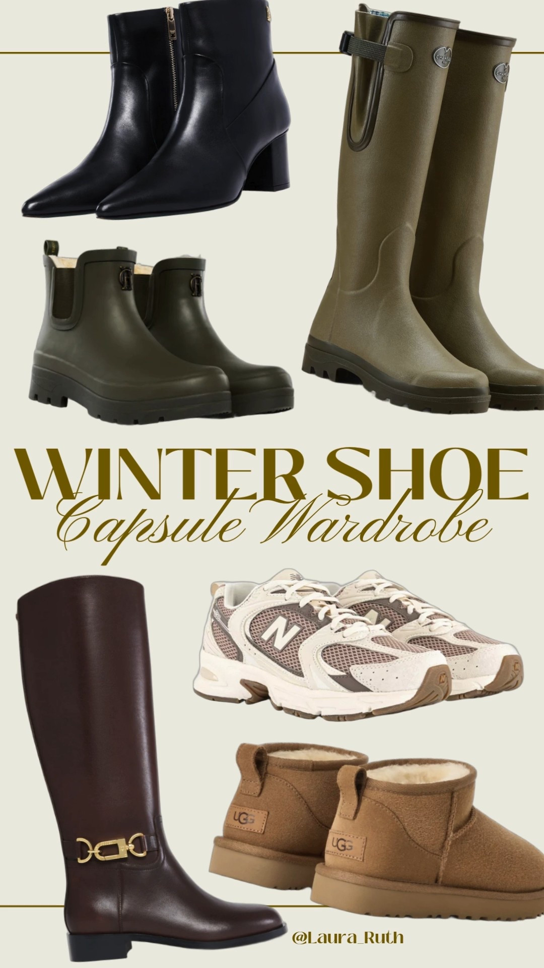 Winter shoe capsule for countryside days and city plans. From muddy walks in ankle and knee-high wellies to flat riding boots, trainers, cosy ankle UGGs and a classic black block heel for evenings out. Timeless and practical Winter Shoes. 

#LTKuk #LTKwinter #LTKluxury