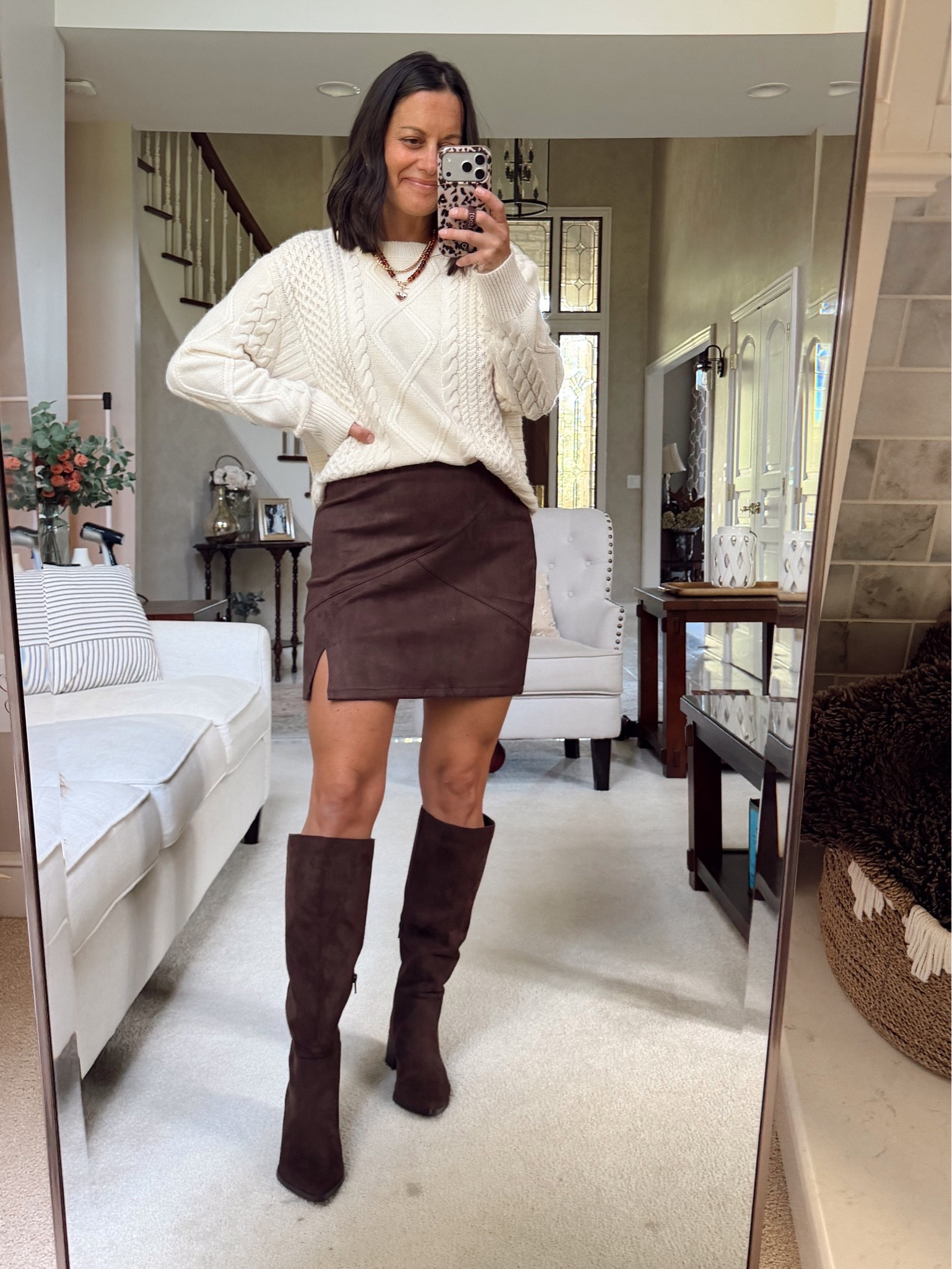 Fall family photo outfit idea! Thanksgiving outfit idea!

Sweater runs big, skirt runs true to size. Wearing a small in both.

Walmart boots are amazing! Run true to size.