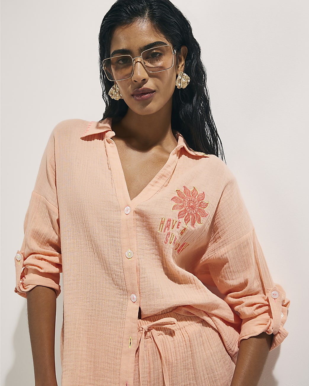 Orange Long Sleeve Textured Beach Shirt | River Island UK & IE