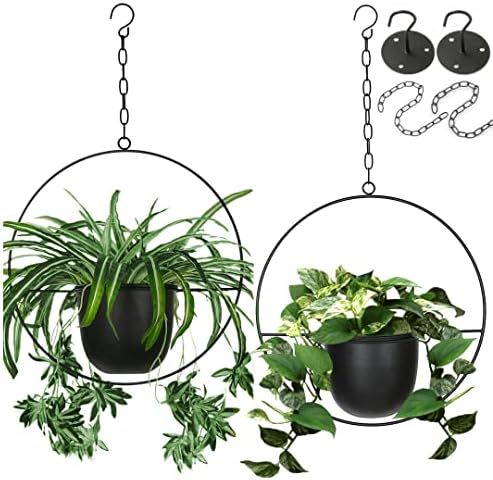 2 Pack Shineloha Boho Metal Hanging Planters with 6" Pot (Detachable) + Hook + Chain | Hanging Pl... | Amazon (US)
