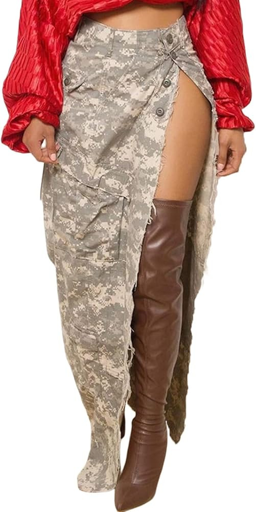 Vaceky Cargo Skirt Women Camouflage Maxi Skirts Button High Waist Split Loose Casual Y2K Long Ski... | Amazon (US)