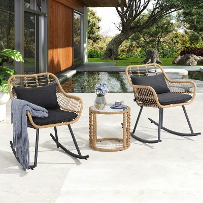 SUGOLD 3-Piece Outdoor Rocking Chair Set, PE Wicker Patio Furniture with Glass Coffee Table & Black Cushions | Target