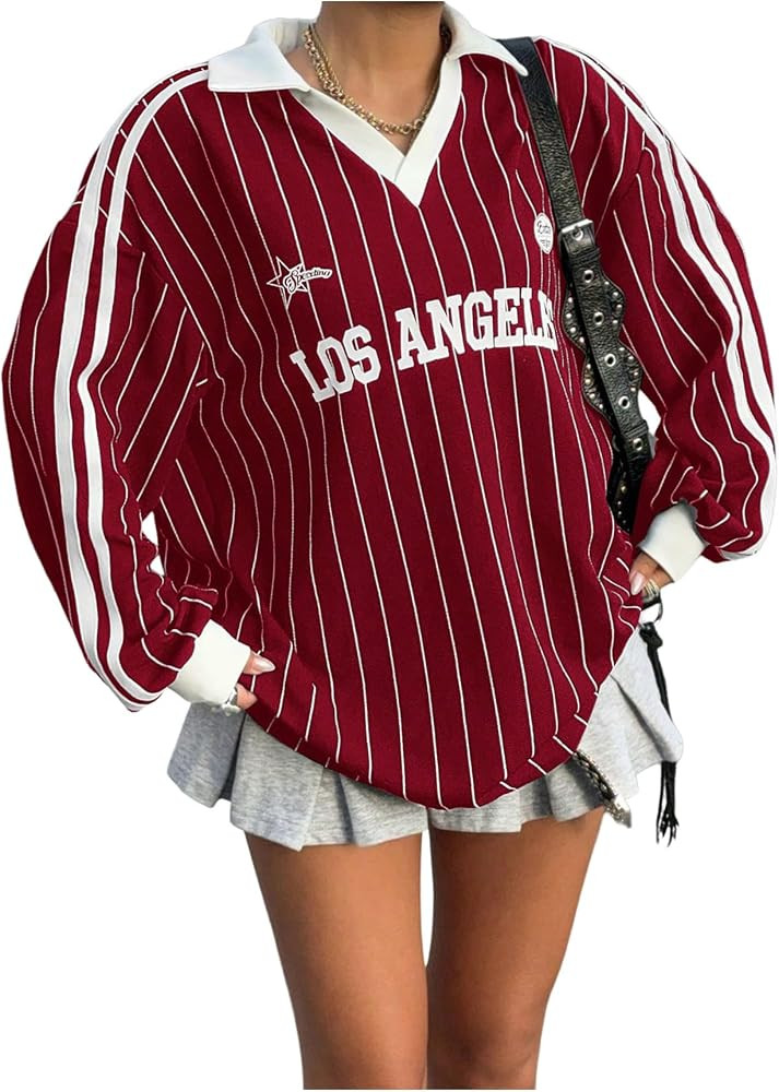SOLY HUX Women's Oversized Tees Striped Letter Print Y2k Jersey T Shirt Collar V Neck Long Sleeve... | Amazon (US)