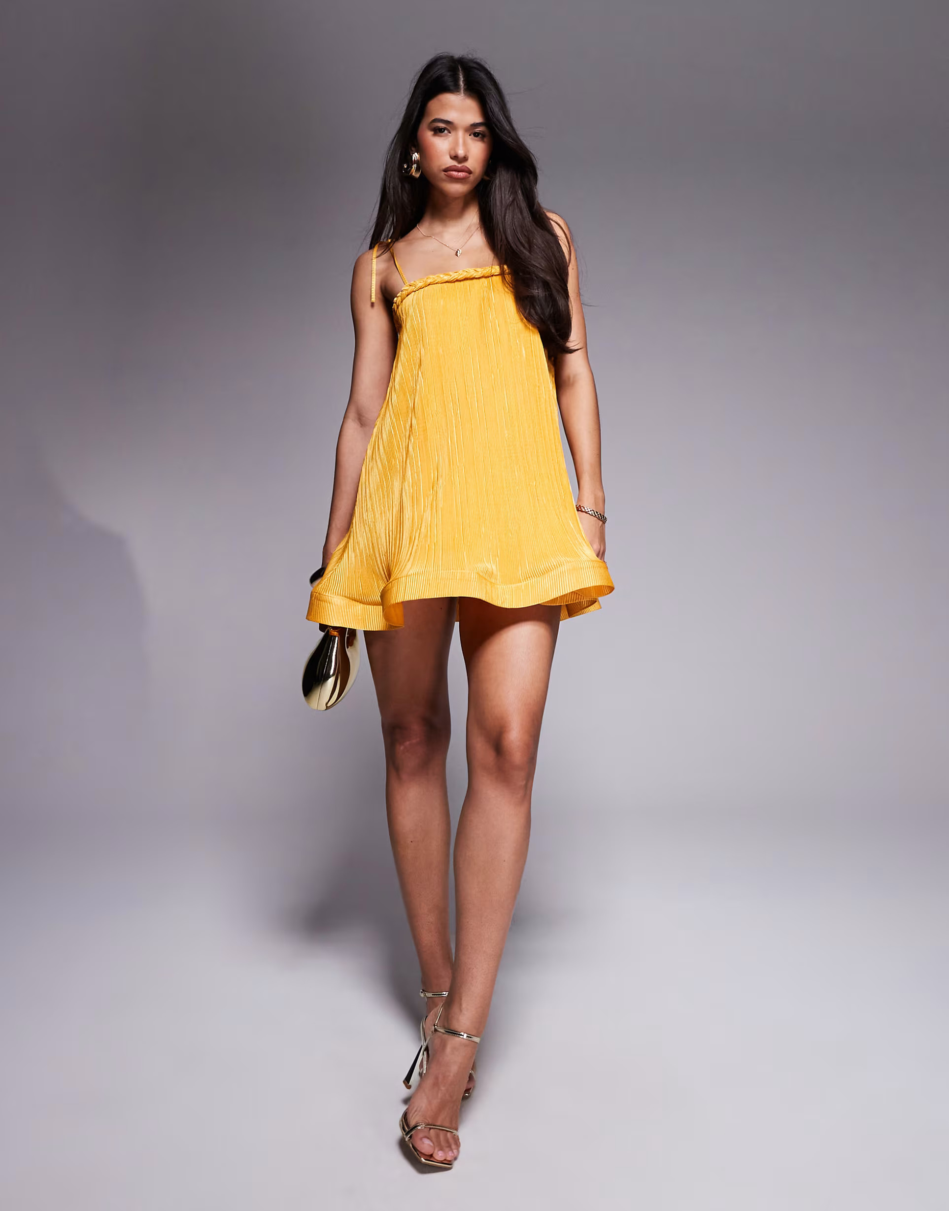 ASOS DESIGN cami strap with curly hem aline mini dress in yellow | ASOS (Global)