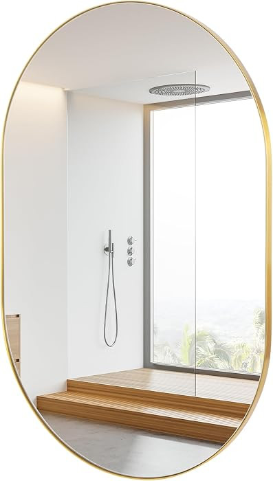 Gold Oval Mirror 24"×36", Stainless Steel Metal Frame Bathroom Vanity Mirrors, Modern Pill Shape... | Amazon (US)