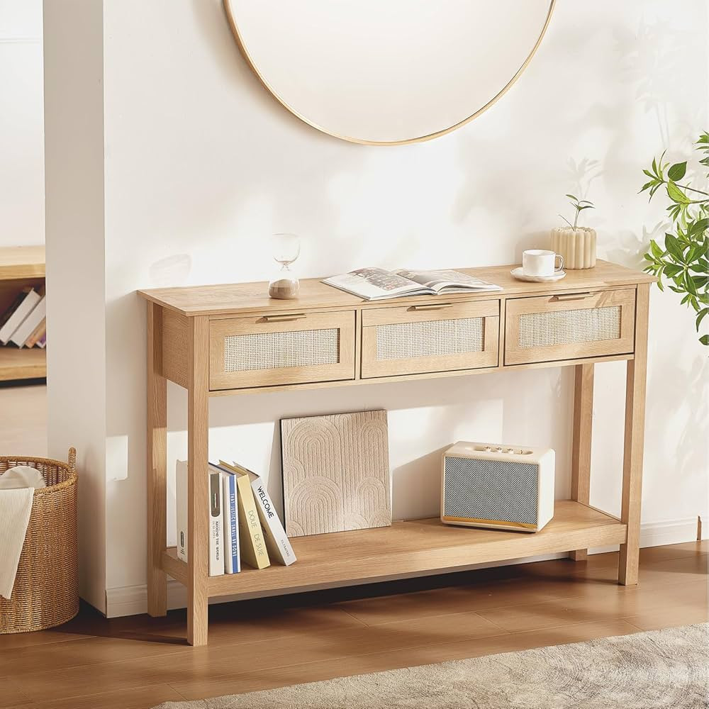 VEVOR Rattan Console Table with 3 Storage Drawers, Rattan Entryway Table with Natural Rattan Slid... | Amazon (US)