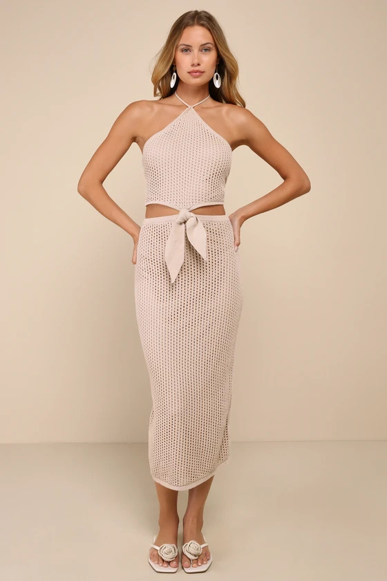 Sunny Serenity Beige Crochet Cutout Halter Midi Dress | Lulus