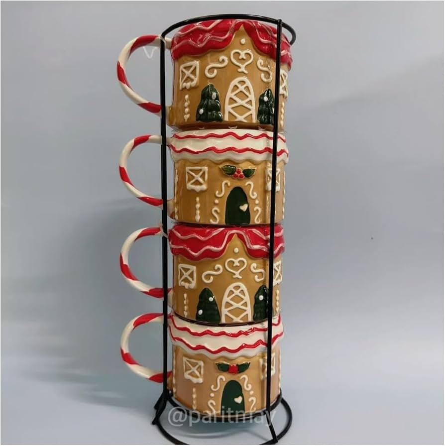 Christmas Gingerbread 4-Piece 12.2-Oz Ceramic Stoneware Stackable Mug Set With Metal Rack | Amazon (US)