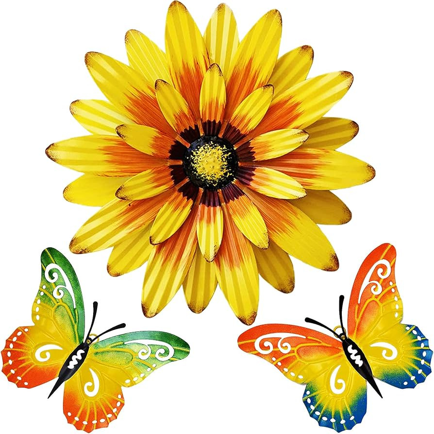 Meduofon Metal Flowers Wall Decor and Butterfly Wall Art, 3 Pack Metal Outdoor Wall Art Decor, Fe... | Amazon (US)