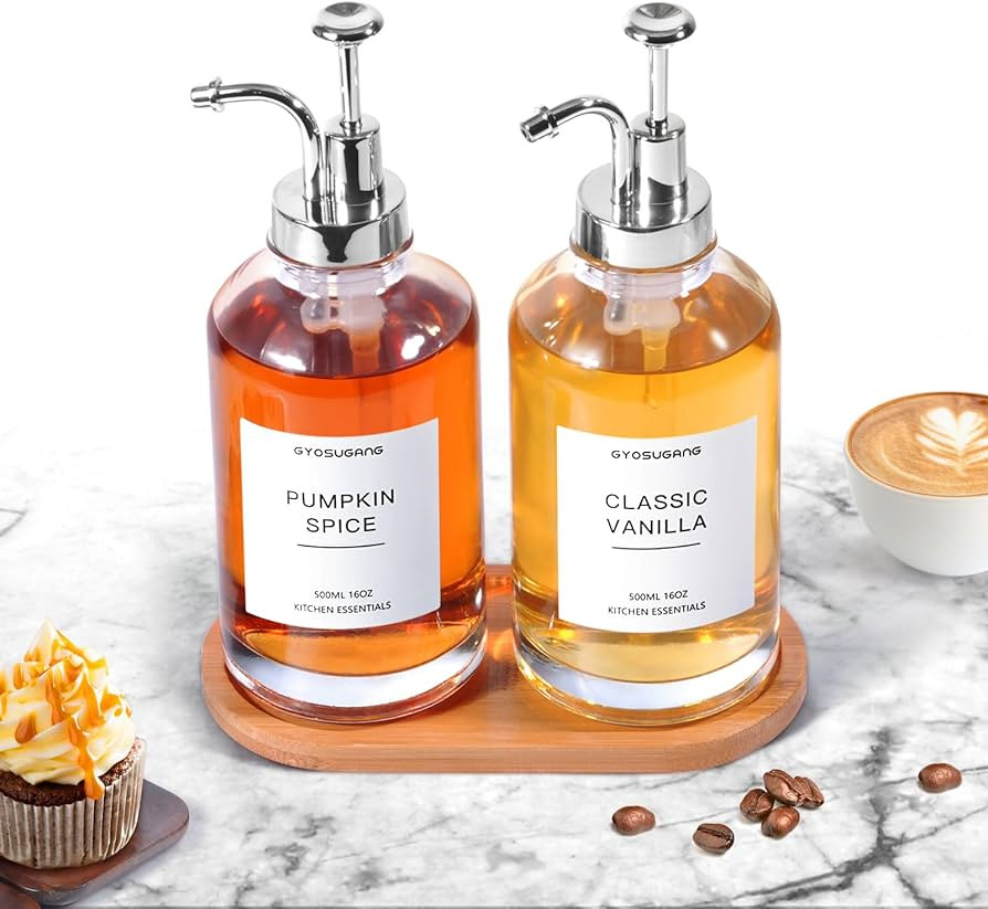 Coffee Syrup Dispenser for Coffee Bar, Set of 2 Simple Glass Syrup Bottle w 84 Labels and Bamboo ... | Amazon (US)