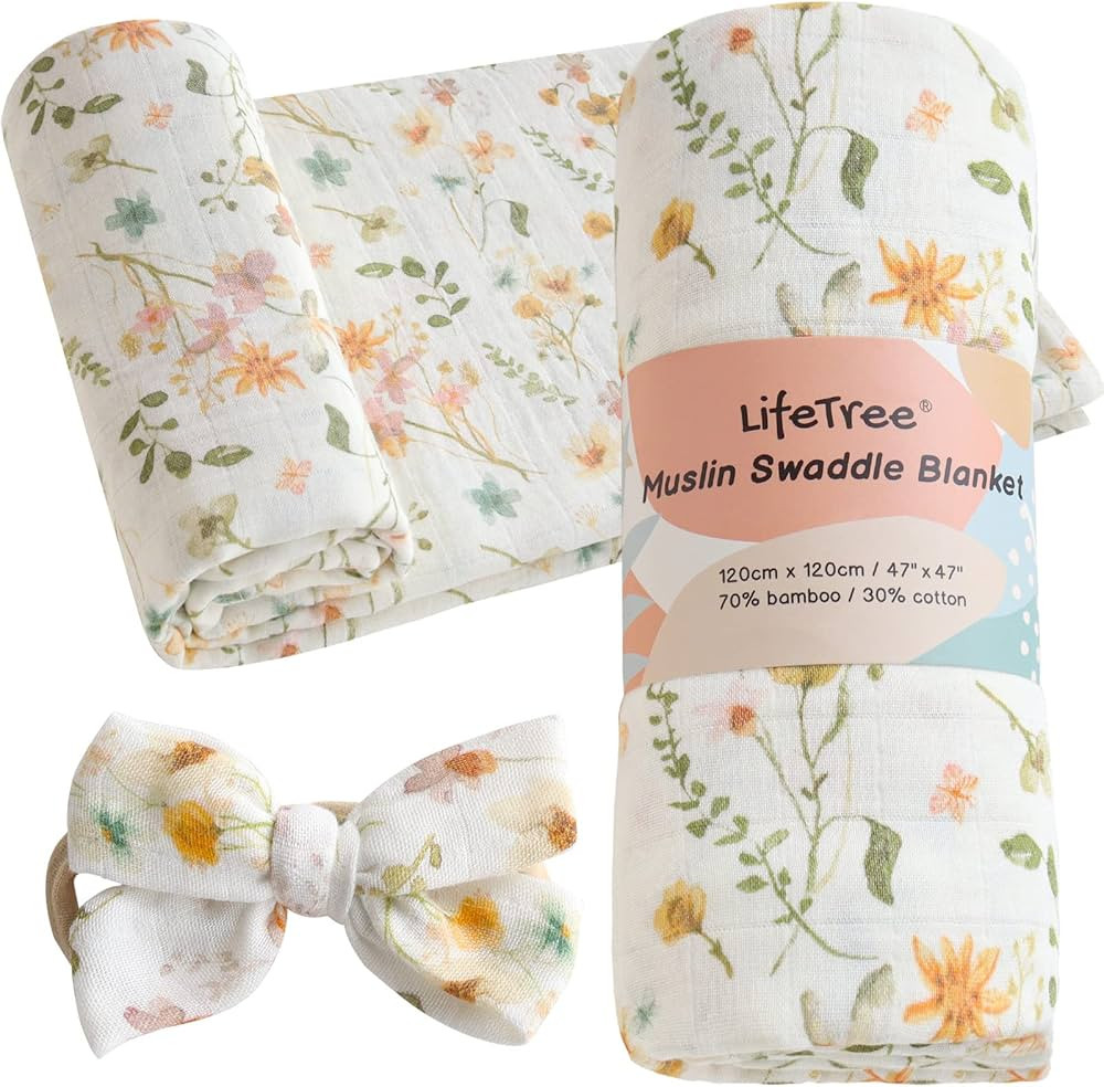 LifeTree Baby Muslin Swaddle Blankets for Boys & Girls, Newborn Swaddle Set with Matching Headban... | Amazon (US)