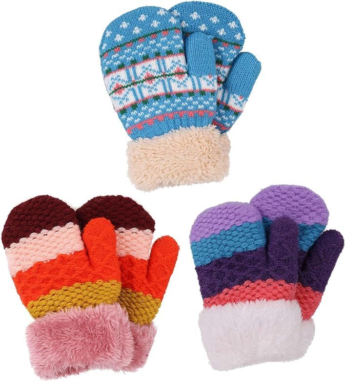 Arctic Paw 3 Pairs Kids' Sherpa Lined Knit Mittens Boys Girls Winter Gloves | Amazon (US)
