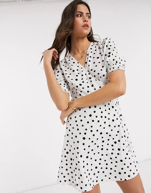 Vero Moda wrap mini dress with puff sleeves in white polka dot | ASOS (Global)