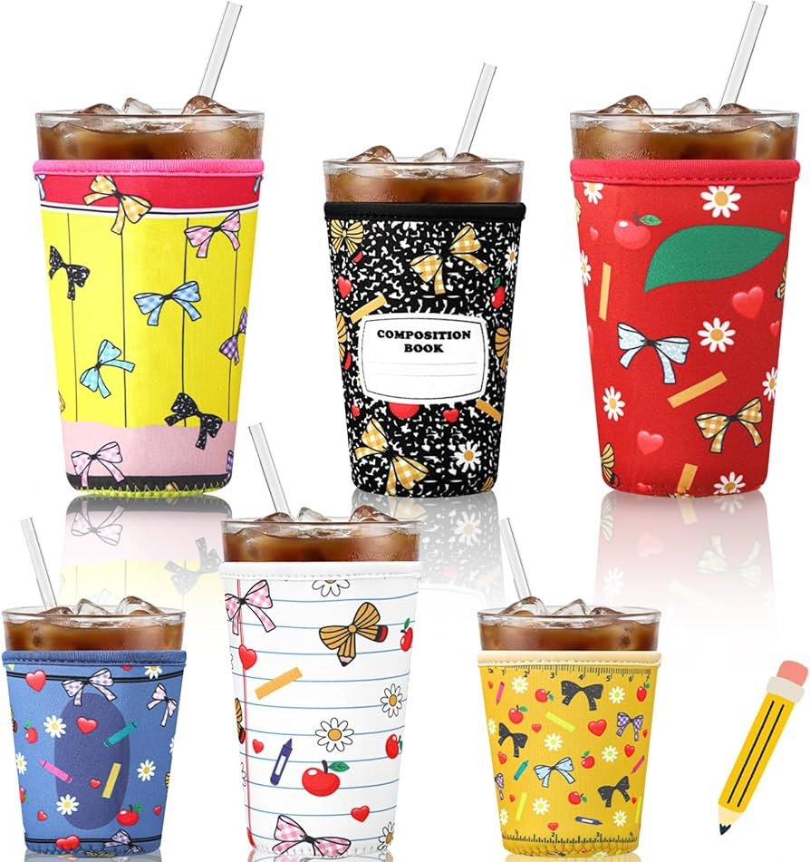 6 Pcs Teacher Iced Coffee Cup Sleeves Gift Appreciation Reusable Insulated Neoprene Drink Cup Sle... | Amazon (US)