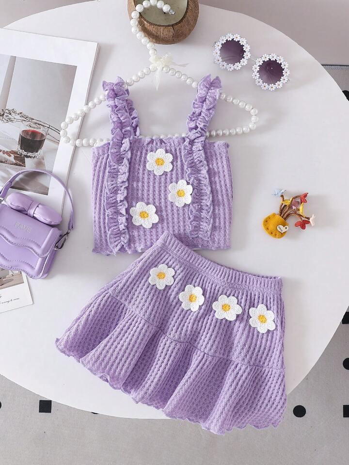 SHEIN 2pcs/Set Baby Girl Cute Floral Print Spaghetti Strap Top + Skirt Set, Summer | SHEIN