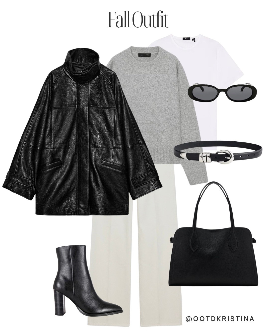 Styling black leather jacket with a grey sweater, wide leg jeans and block heels #falloutfit 
#jacket #leather #blockheels #whitejeans #wideleg #sweater 

#LTKFindsUnder100 #LTKSeasonal #LTKFindsUnder50