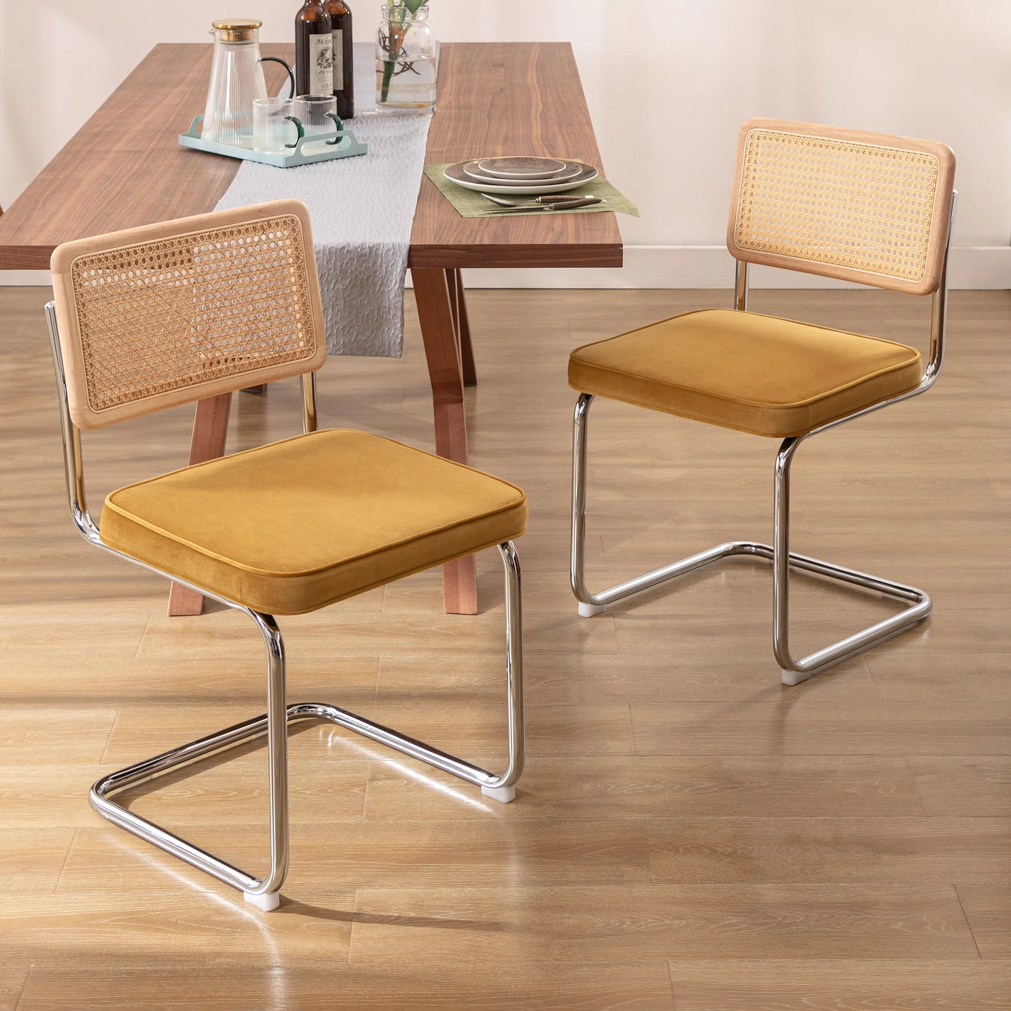 Crumley 18.8" H Upholstered Side Chair with Cane Rattan Back and Steel Frame (Set of 2) | Wayfair North America