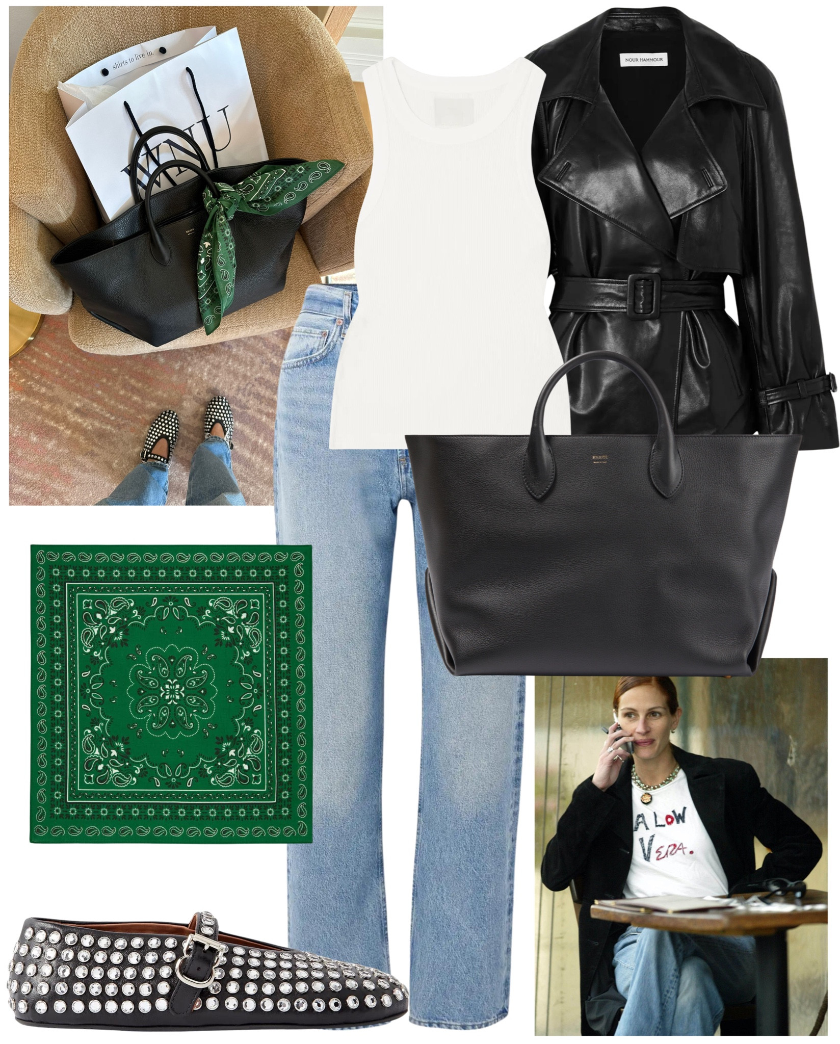 What I wore | 90s Jeans + Leather Jacket + Crystal Ballet Flats + Neckerchief + Khaite Bag 

#LTKstyletip #LTKeurope #LTKautumn