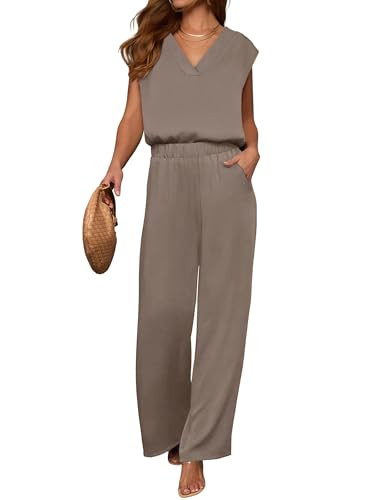 ANRABESS Women Summer 2 Piece Outfits, V-Neck Top and Wide Leg Pants Set, Comfy All-Day Wear for Lounge & Daily, Travel Sets Light Camel Large | Amazon (US)