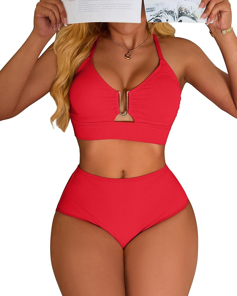 Charmo Push up Ribbed High Rise Bikini Sets Women Large Bust Longline Modest Bikini Swimsuits 2 P... | Amazon (US)