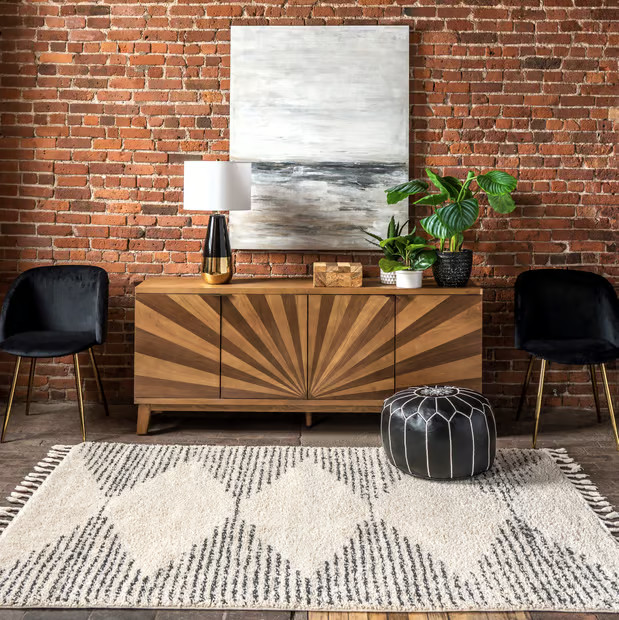 Off White Moroccan Diamond Pinstripes Tassel Area Rug | Rugs USA