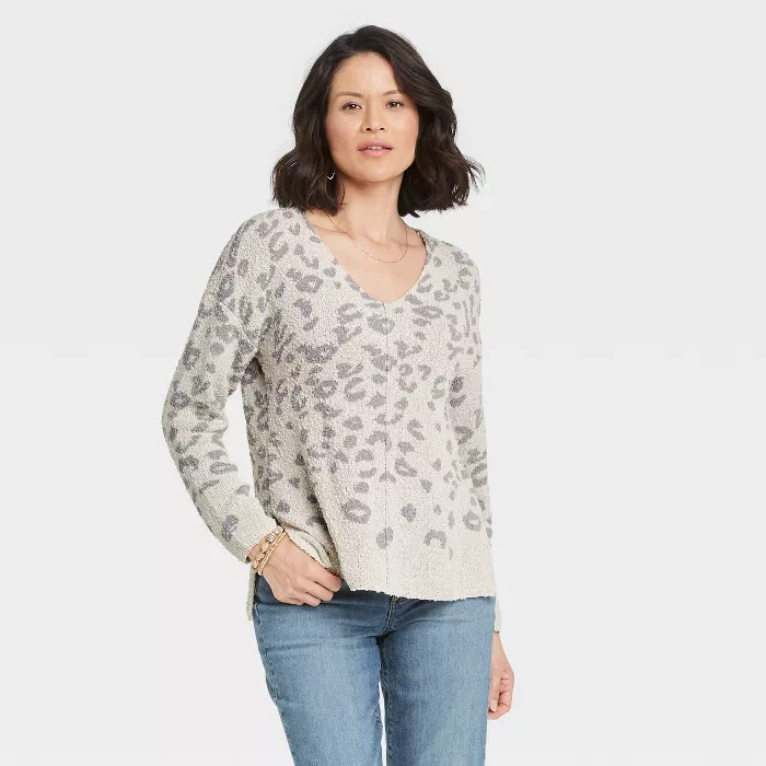 Women's  V-Neck Pullover Sweater - Knox Rose™ Gray Leopard Print XXL | Target