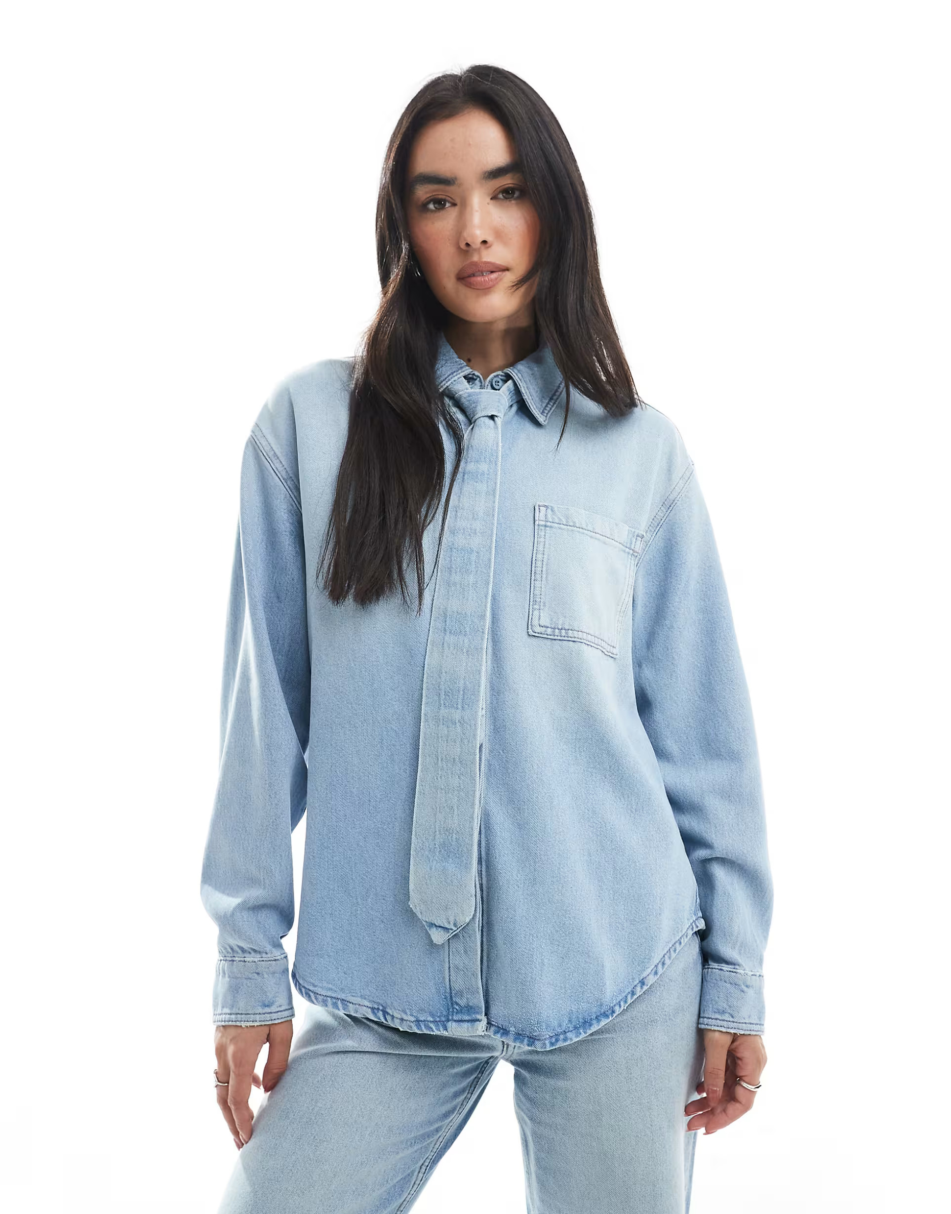 ASOS DESIGN denim shirt with tie detail in light blue | ASOS (Global)