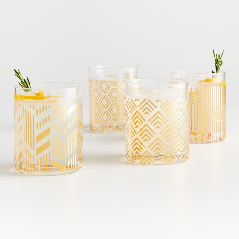 Gold Decal Double Old-Fashioned Glasses, Set of 4 | Crate and Barrel | Crate & Barrel
