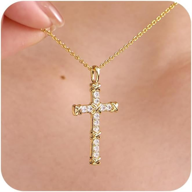 14K Gold Cross Necklace for Women,Gold Filled Sterling Silver Cross Necklace CZ Diamonds Crucifix... | Amazon (US)