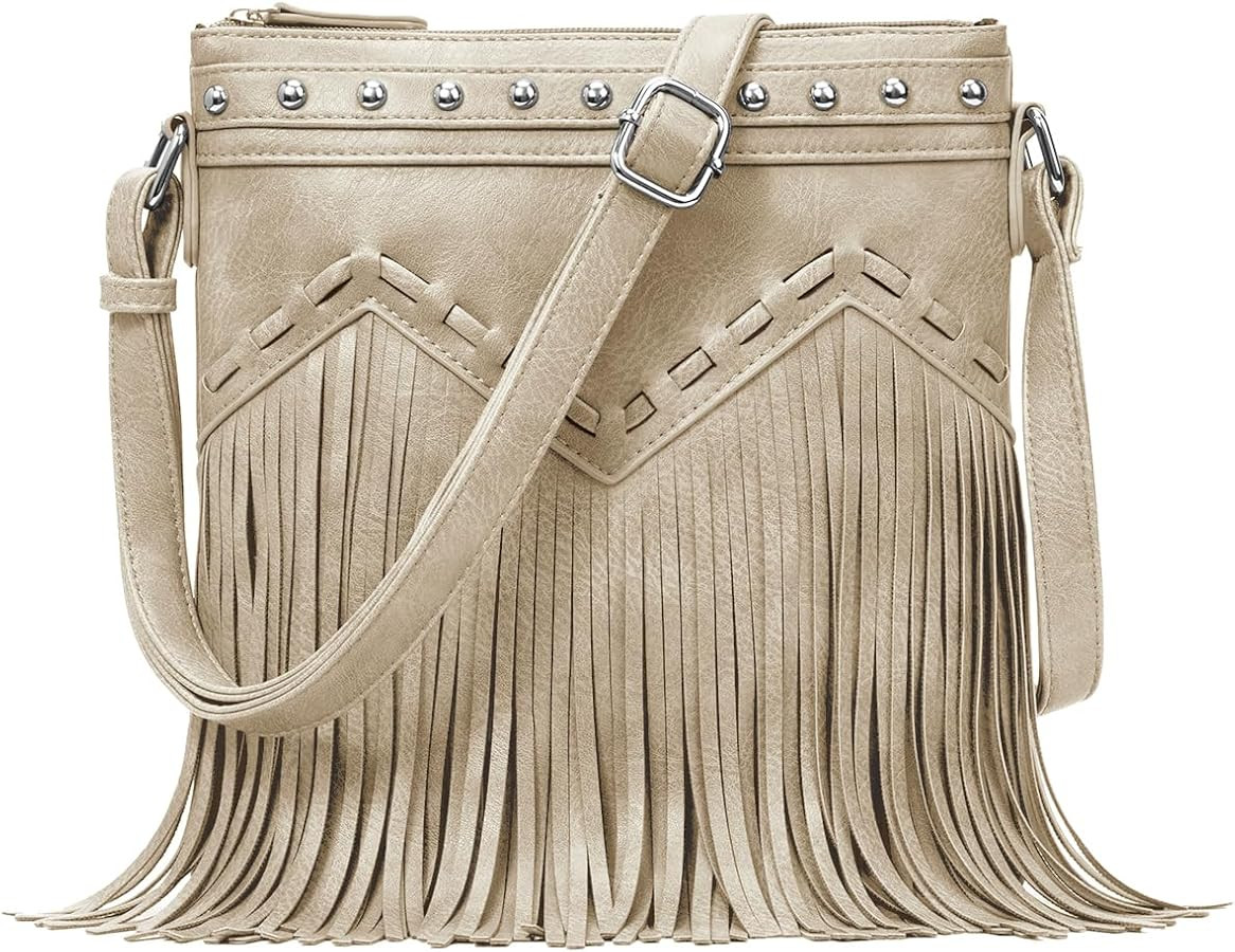Sunwel Fashion Fringe Crossbody Bag with Rivets Western Purse Vegan Leather Tassel Shoulder Cross... | Amazon (US)