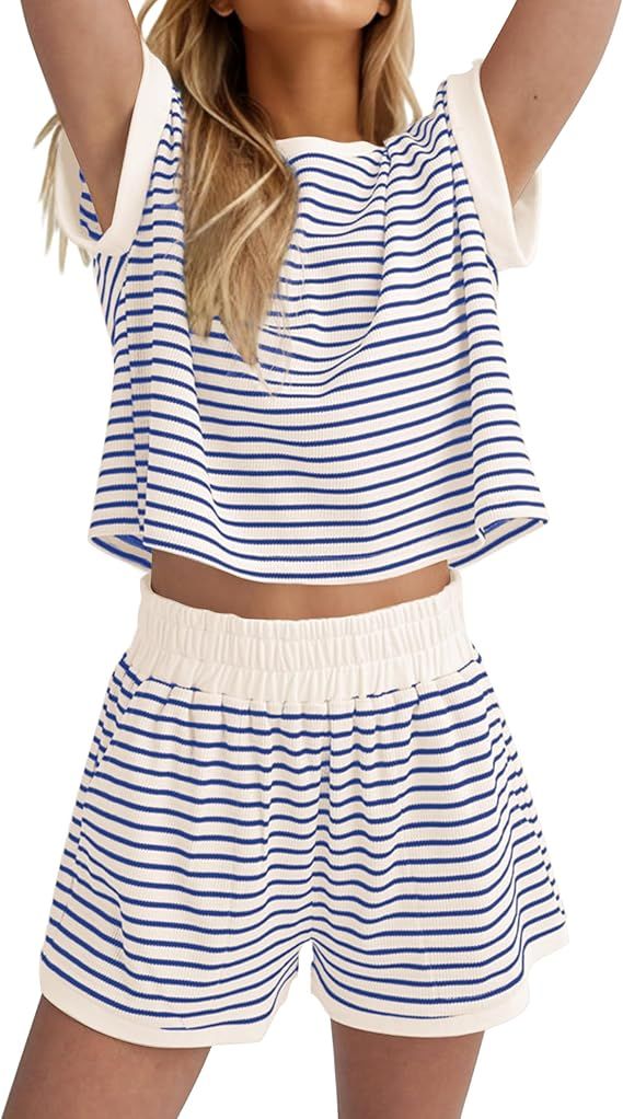 Women Striped Ribbed 2 Piece Lounge Sets Short Sleeve Tee Shirts Shorts Loungewear Shorts Set Sum... | Amazon (US)