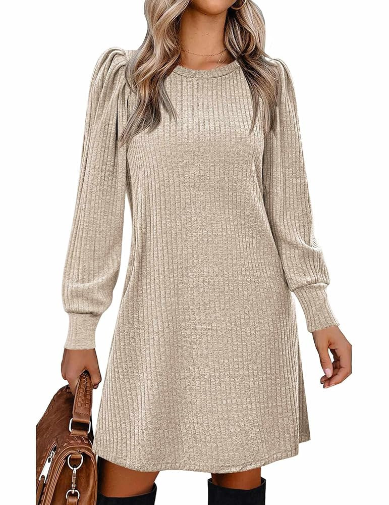 Zeagoo Women's Knit Dress with Puff Sleeves for Fall & Winter - Round Neck Casual Tunic Dress | Amazon (US)