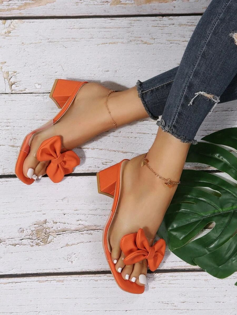 Women Orange Bow Detail Sandals, Funky Open Toe Chunky Heeled Mule Sandals | SHEIN