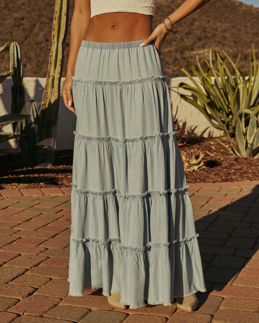 Sandie Tiered Chambray Maxi Skirt | VICI