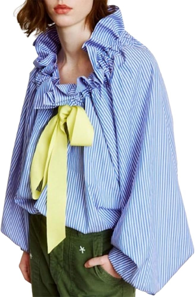 UAURORAO Women Striped Bow Tie Neck Blouse Oversized Long Sleeve Ruffle Mock Neck Babydoll Shirt ... | Amazon (US)