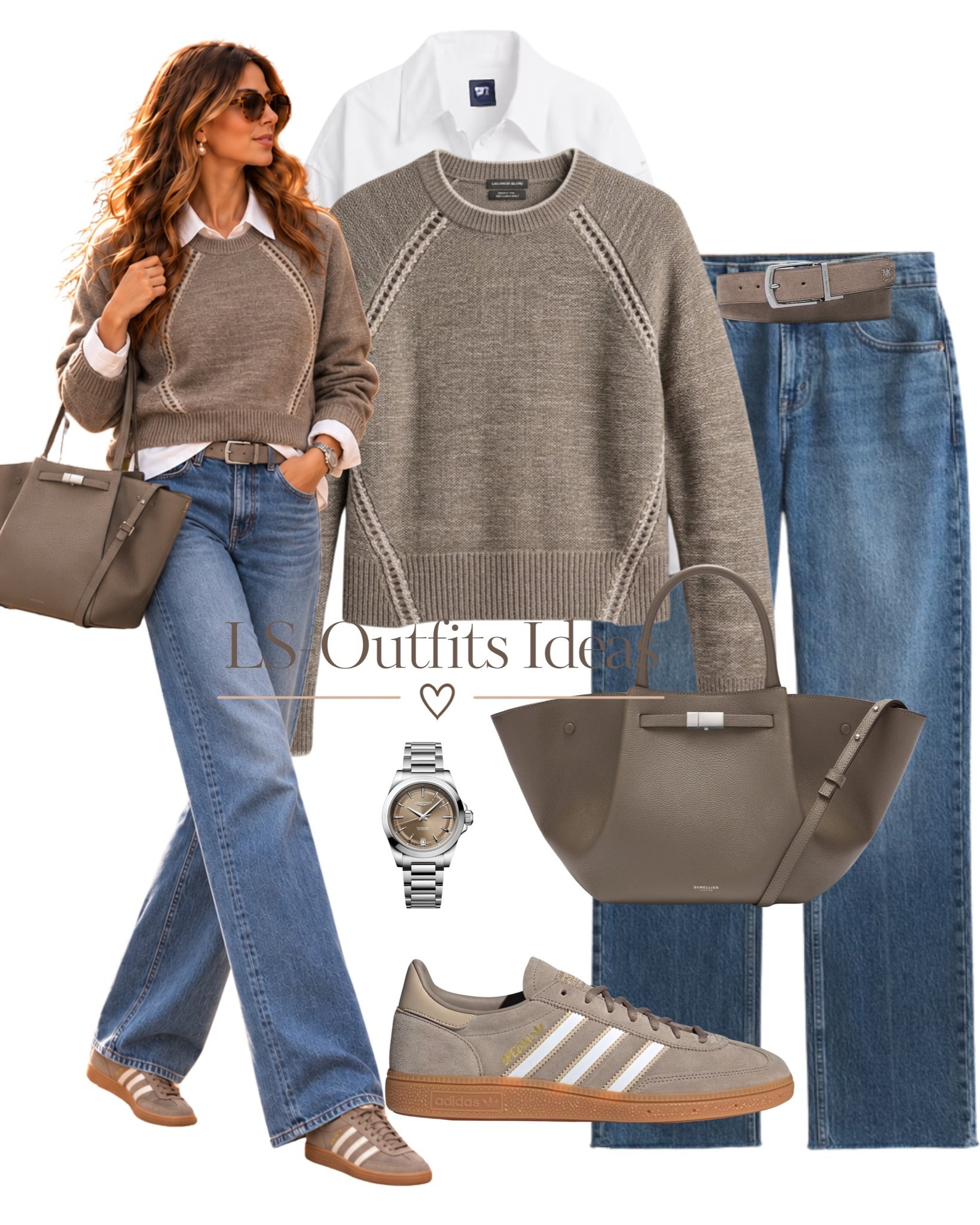 Effortlessly chic fall layers 🤎 A cozy taupe knit over a crisp white shirt, paired with relaxed denim, neutral sneakers, and matching accessories for an elevated everyday look. ✨🍂
