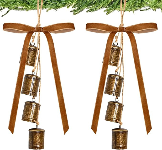 Christmas Cow Bells with Bow, Tranquil Wind Metal Gold Bells with Velvet Christmas Tree Brown Bow... | Amazon (US)