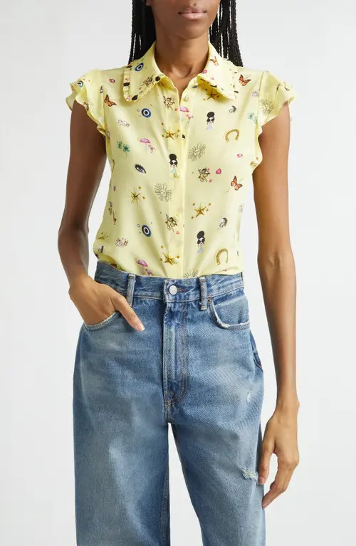Alice + Olivia Martel Ruffle Flutter Sleeve Silk Button-Up Shirt in Lucky Star at Nordstrom, Size Medium | Nordstrom