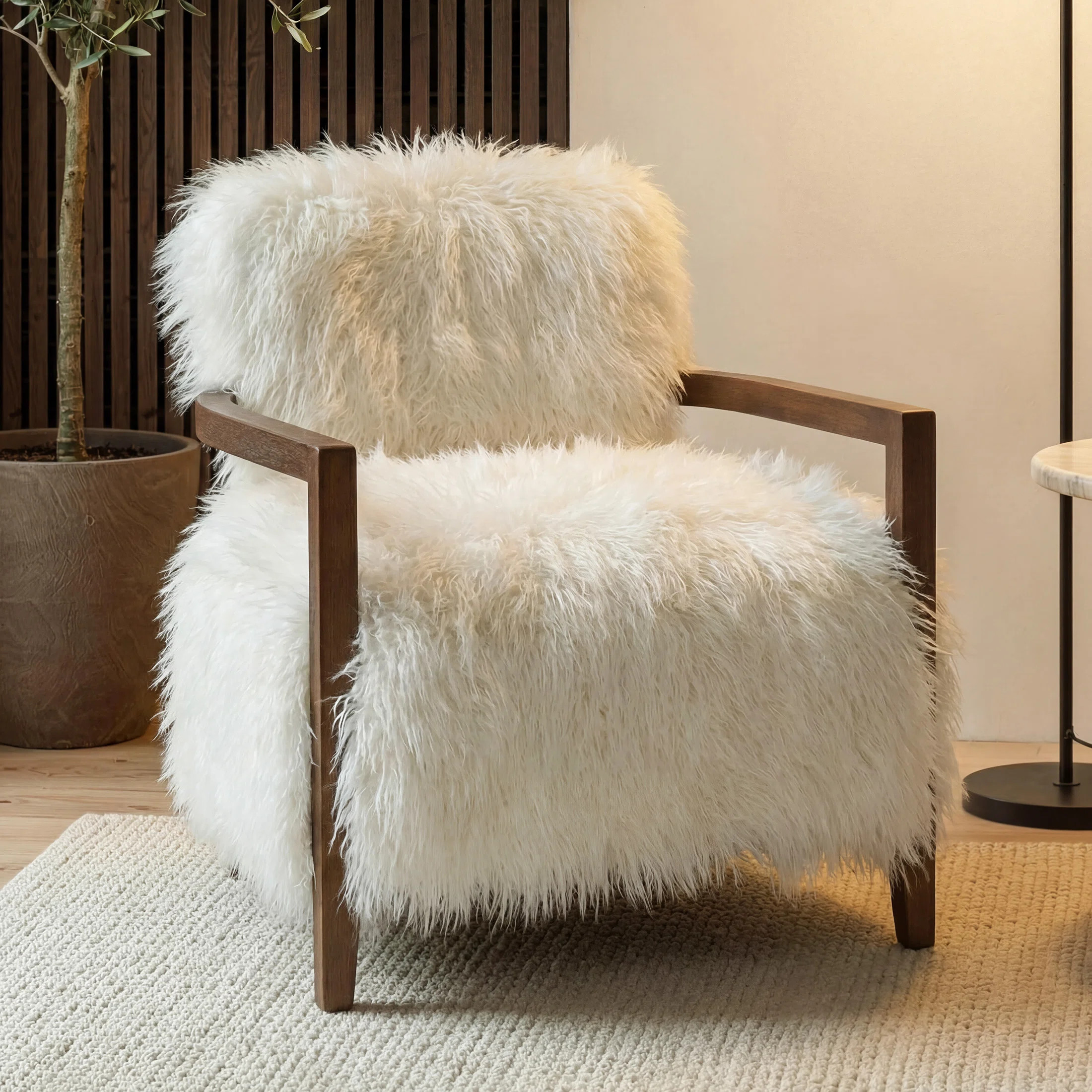 Mercer41 30" Wide Mid-Century Modern Accent Chair with Faux Fur and Solid Wood Arms, for Living Room, Bedroom | Wayfair | Wayfair North America