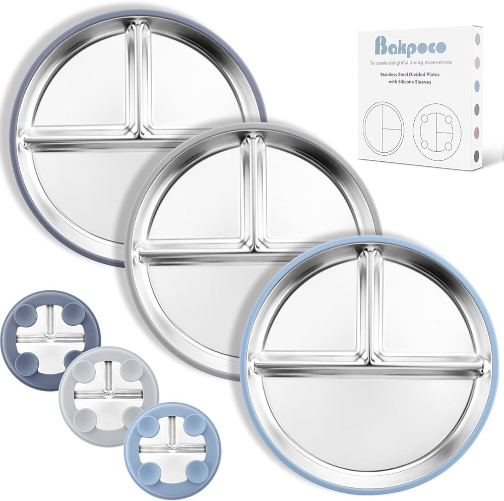 Stainless Steel Suction Plates for Toddlers, 9" Divided Kids Baby Plates with Removable Silicone ... | Amazon (US)