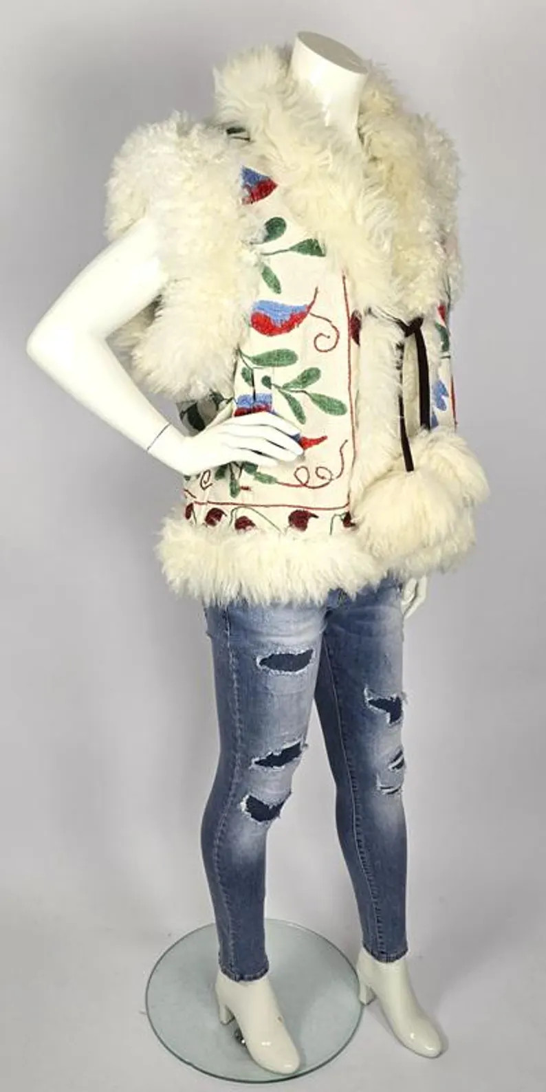 Vintage Embroidered Suzani Vest: Upcycled Uzbeki Sheep Fur Gilet | Etsy (US)