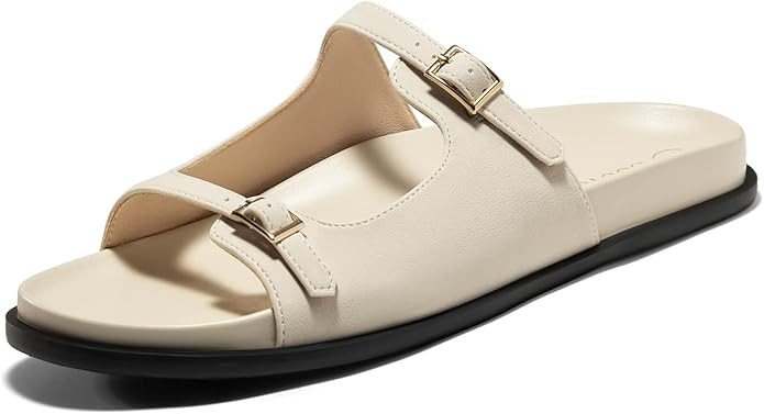 Coutgo Womens Flat Sandals Comfortable Wide Width Slides Double Strap Adjustable Buckle Slip on S... | Amazon (US)
